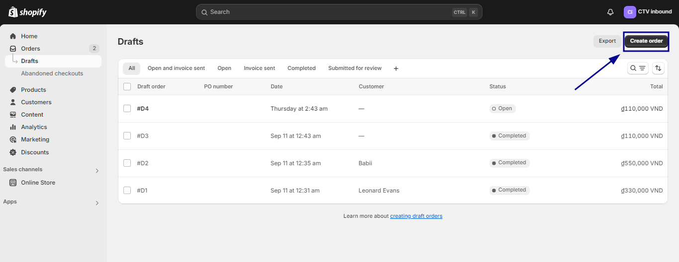 On the Draft Orders page, click Create Order.